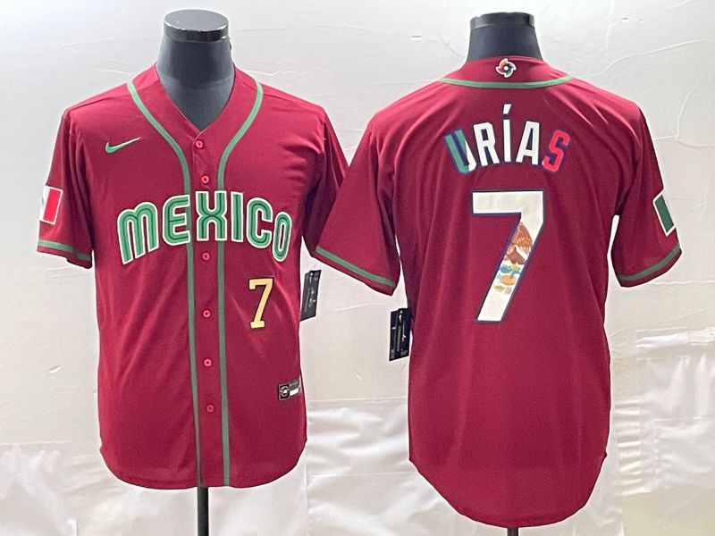 Men 2023 World Cub Mexico 7 Urias Red Nike MLB Jersey23